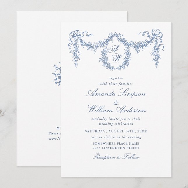 Invitación Elegante Boda floral del Jardín francés azul barro (Anverso / Reverso)
