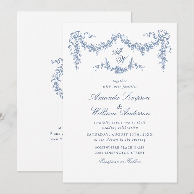 Invitación Elegante Boda floral del Jardín francés azul barro (Anverso / Reverso)