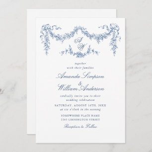 Invitación Elegante Boda floral del Jardín francés azul barro