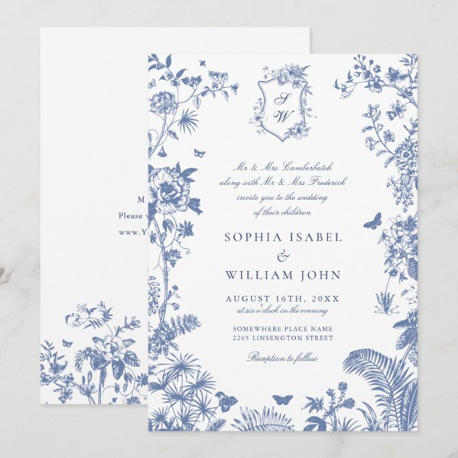 Invitación Elegante Boda floral del Jardín francés azul barro (Anverso / Reverso)