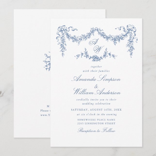 Invitación Elegante Boda floral del Jardín francés azul barro (Anverso / Reverso)