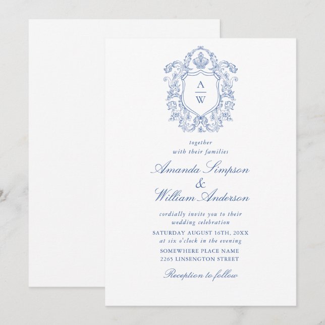 Invitación Elegante Boda Floral del Jardín Francés Dusty Azul (Anverso / Reverso)