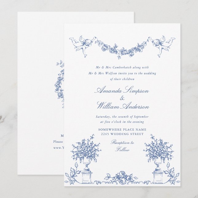 Invitación Elegante Boda Floral del Jardín Francés Dusty Azul (Anverso / Reverso)