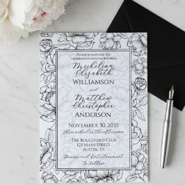 Invitación Elegante Boda Floral Dibujada a Mano en Blanco y N