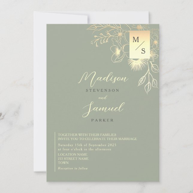 Invitación Elegante Boda Floral Dorada Verde Salvia (Anverso)