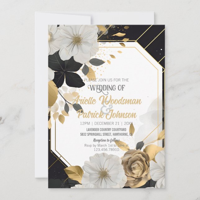 Invitación Elegante Boda floral dorado blanco marco negro (Anverso)