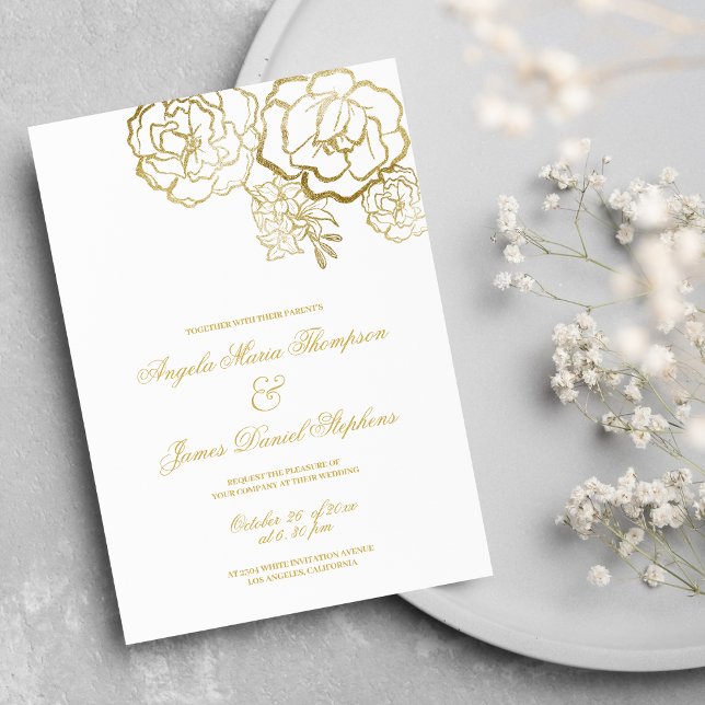 Invitación Elegante boda floral dorado blanco y romántico ( Elegant romantic white gold floral wedding)