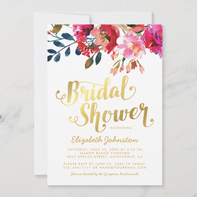 Invitación Elegante Boda floral ducha de novia dorada blanca (Anverso)