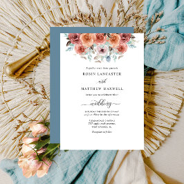 Invitación Elegante Boda Floral Dusty Blue, Peach y Rubor