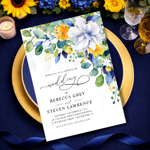 Invitación Elegante boda floral en acuarela amarilla y azul