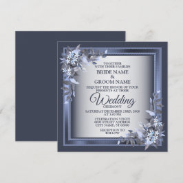 Invitación Elegante Boda Floral Enmarcada Azul Marino Plata
