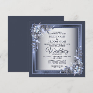 Invitación Elegante Boda Floral Enmarcada Azul Marino Plata
