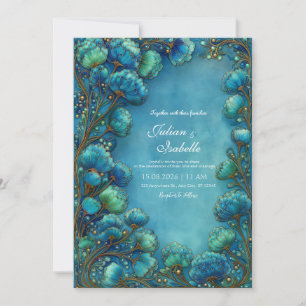 Invitación Elegante Boda Floral Escalonada Teal Art Nouveau