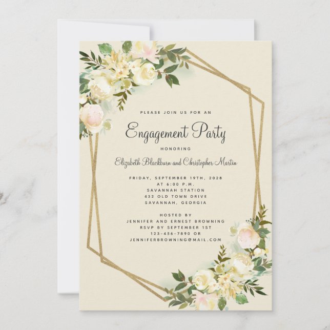 Invitación Elegante Boda Floral Fiesta de Compromiso de Oro (Anverso)