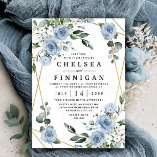 Invitación Elegante Boda floral floral azul y dorado