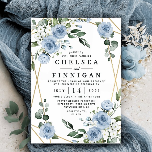 Invitación Elegante Boda floral floral azul y dorado (Subido por el creador)
