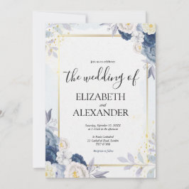 Invitación Elegante Boda floral floral azul y dorado