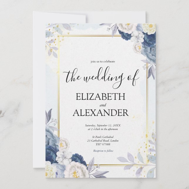Invitación Elegante Boda floral floral azul y dorado (Anverso)