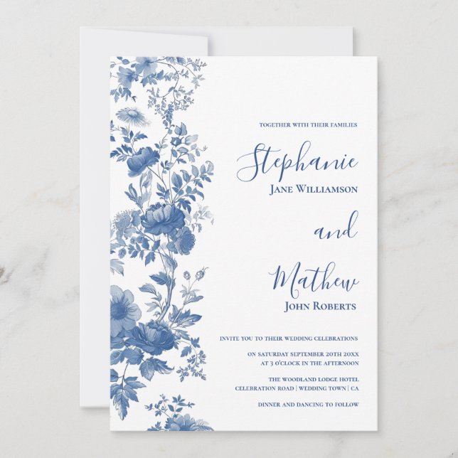 Invitación Elegante Boda Floral Floral Blue (Anverso)
