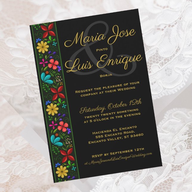 Invitación Elegante Boda floral folclórico latino de oro negr (Subido por el creador)