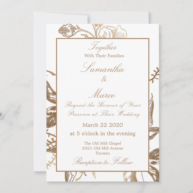 Invitación Elegante Boda floral formal de oro falso Metalizad (Anverso)