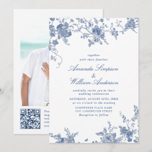 Invitación Elegante Boda floral francés azul victoriano