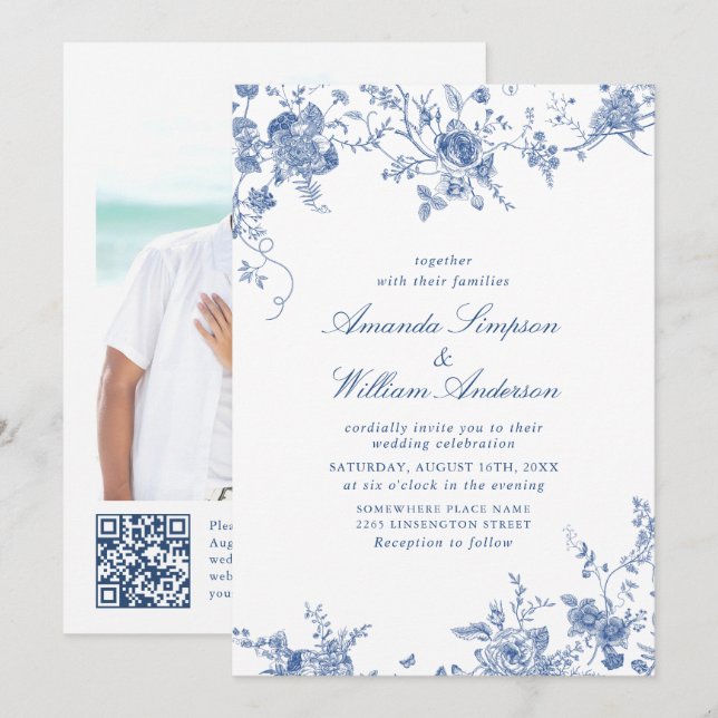 Invitación Elegante Boda floral francés azul victoriano (Anverso / Reverso)