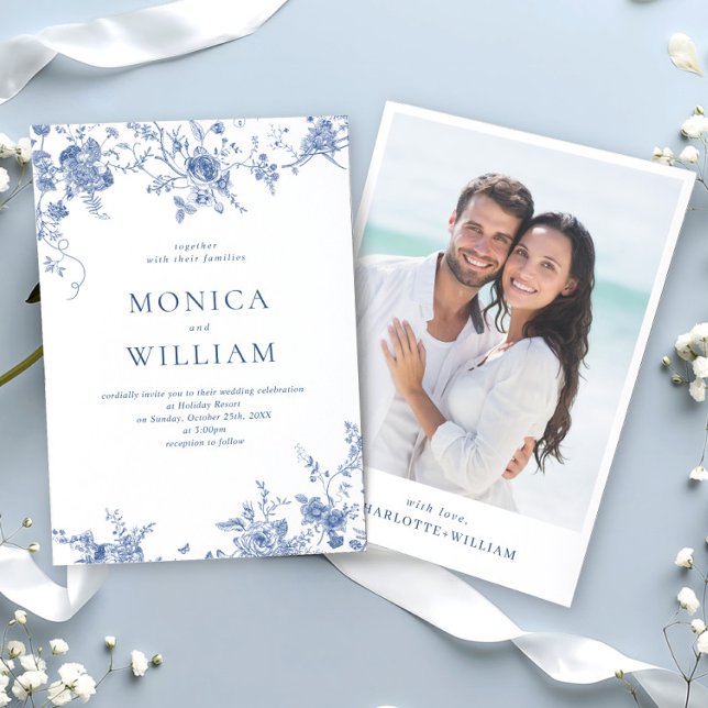 Invitación Elegante Boda floral francés azul victoriano (Subido por el creador)