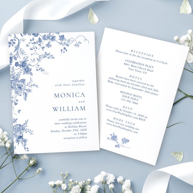 Invitación Elegante Boda floral francés azul victoriano (Subido por el creador)