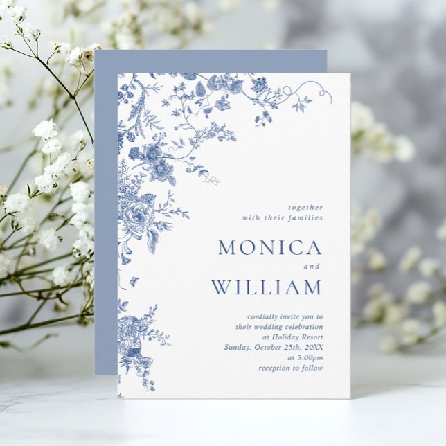 Invitación Elegante Boda floral francés azul victoriano (Subido por el creador)