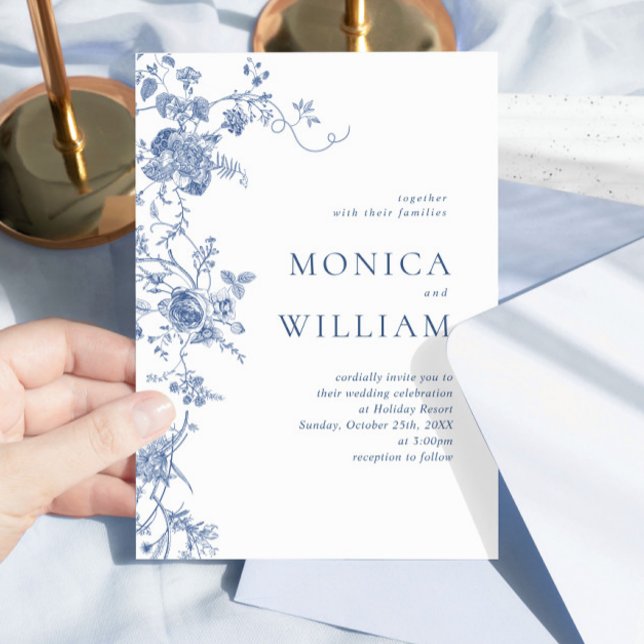 Invitación Elegante Boda floral francés azul victoriano (Subido por el creador)