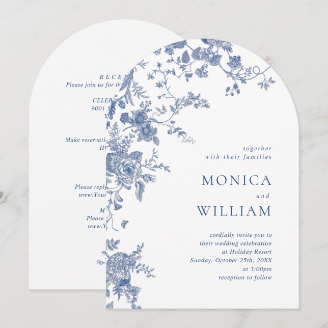 Invitación Elegante Boda floral francés azul victoriano (Anverso / Reverso)