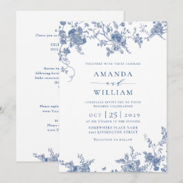 Invitación Elegante Boda floral francés azul victoriano