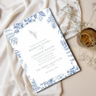 Invitación Elegante Boda floral francés de flor azul