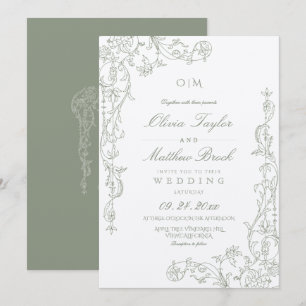 Invitación Elegante Boda Floral Francesa Verde Salvia