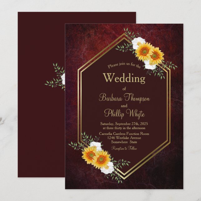 Invitación Elegante Boda floral geométrica de Borgoña Rústica (Anverso / Reverso)