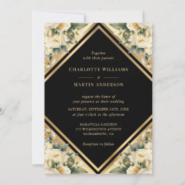 Invitación Elegante Boda floral geométrica de oro negro marfi