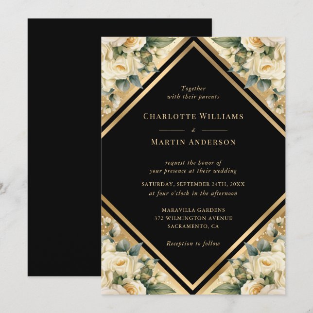 Invitación Elegante Boda floral geométrica de oro negro marfi (Anverso / Reverso)