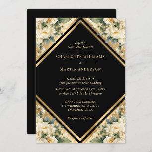 Invitación Elegante Boda floral geométrica de oro negro marfi