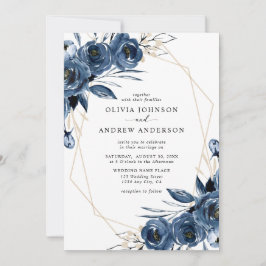 Invitación Elegante Boda Floral Geométrica Plateada Azul Mari