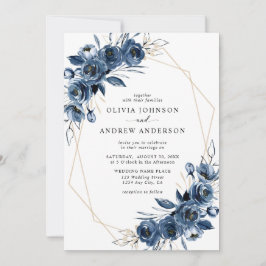 Invitación Elegante Boda Floral Geométrica Plateada Azul Mari