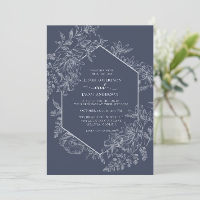 Invitación Elegante Boda floral geométrico azul y blanco (Anverso de pie)