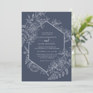 Invitación Elegante Boda floral geométrico azul y blanco