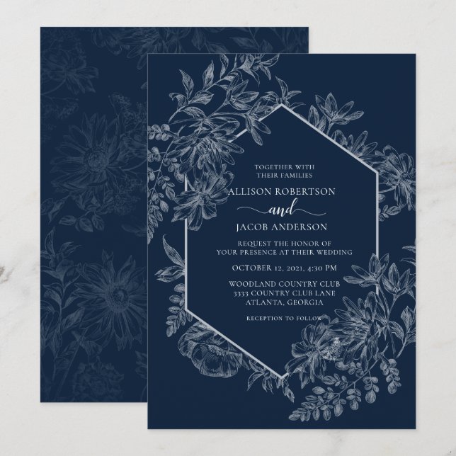 Invitación Elegante Boda floral geométrico azul y blanco (Anverso / Reverso)