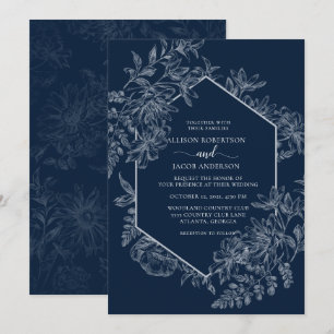 Invitación Elegante Boda floral geométrico azul y blanco