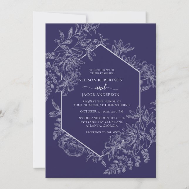 Invitación Elegante Boda floral geométrico morado y blanco (Anverso)