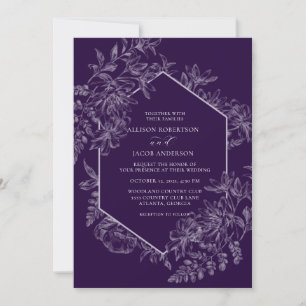 Invitación Elegante Boda floral geométrico morado y blanco