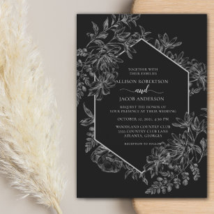 Invitación Elegante Boda floral geométrico negro y blanco