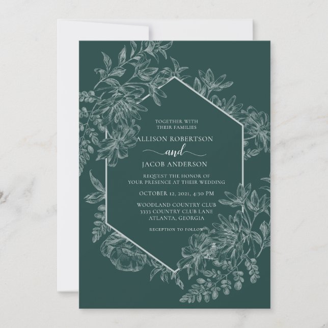 Invitación Elegante Boda floral geométrico verde esmeralda (Anverso)
