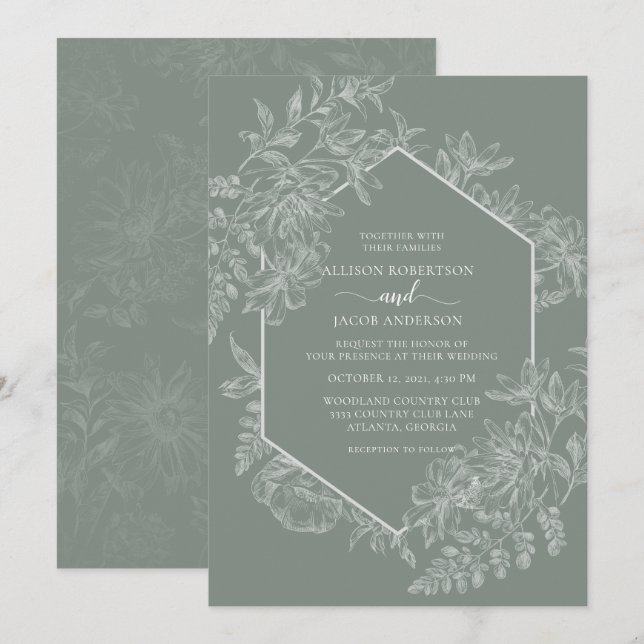 Invitación Elegante Boda floral geométrico verde sabio (Anverso / Reverso)